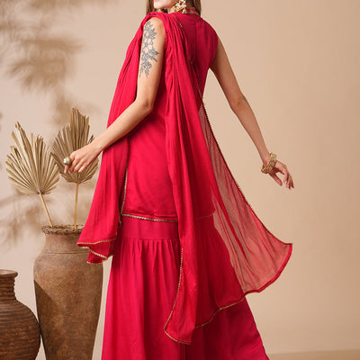 Solid Zari, Stones, Resham & Sequins Embroidered Kurti with Sharara & Dupatta - Red