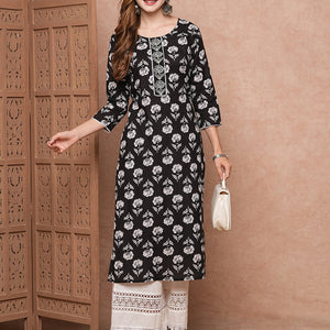 Floral Printed Resham & Zari Embroidered Kurta - Black
