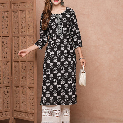 Floral Printed Resham & Zari Embroidered Kurta - Black