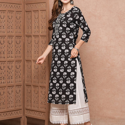 Floral Printed Resham & Zari Embroidered Kurta - Black