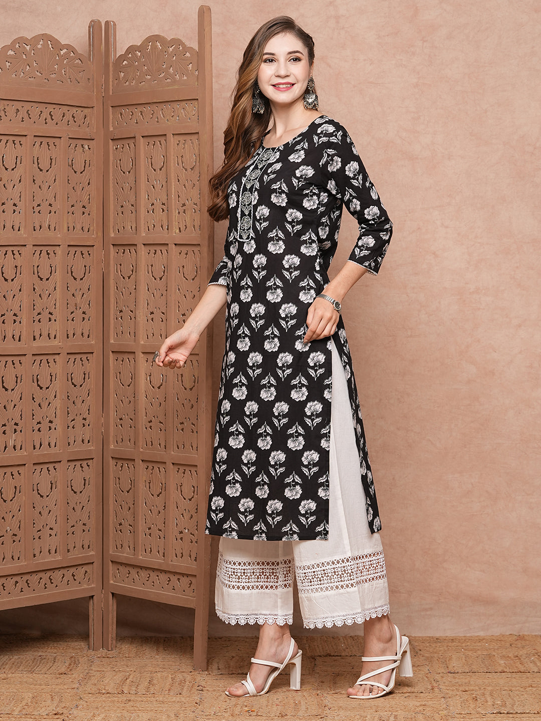 Floral Printed Resham & Zari Embroidered Kurta - Black