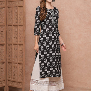 Floral Printed Resham & Zari Embroidered Kurta - Black