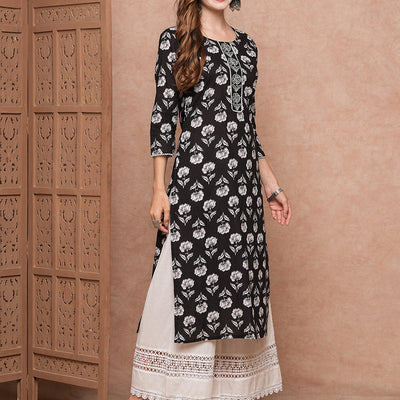 Floral Printed Resham & Zari Embroidered Kurta - Black