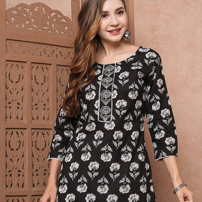 Floral Printed Resham & Zari Embroidered Kurta - Black