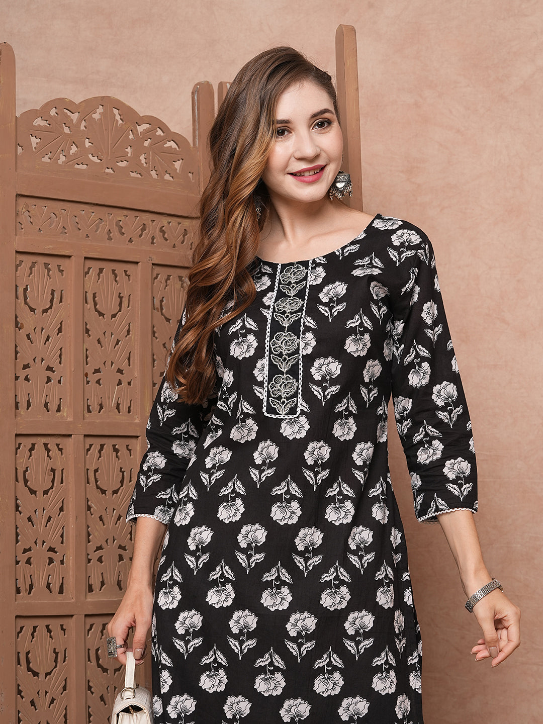 Floral Printed Resham & Zari Embroidered Kurta - Black