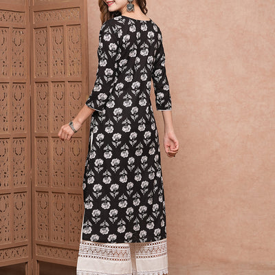 Floral Printed Resham & Zari Embroidered Kurta - Black