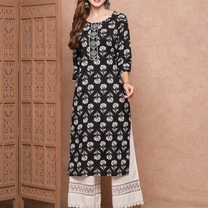 Floral Printed Resham & Zari Embroidered Kurta - Black