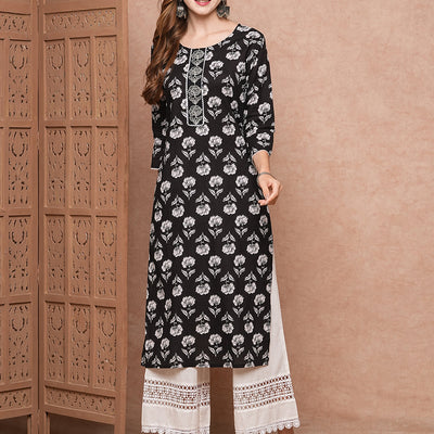 Floral Printed Resham & Zari Embroidered Kurta - Black