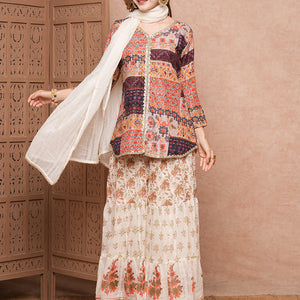 Multi Printed Sequins & Resham Embroidered kurti with Sharara & Dupatta - Multi