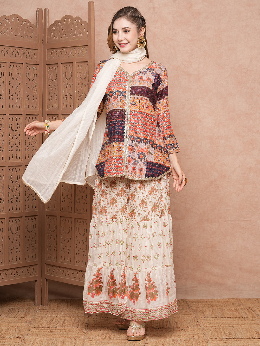 Multi Printed Sequins & Resham Embroidered kurti with Sharara & Dupatta - Multi