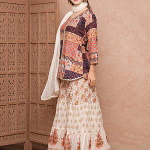 Multi Printed Sequins & Resham Embroidered kurti with Sharara & Dupatta - Multi