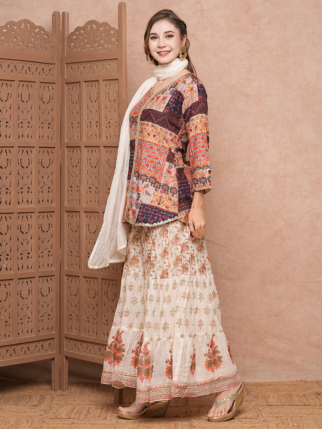 Multi Printed Sequins & Resham Embroidered kurti with Sharara & Dupatta - Multi