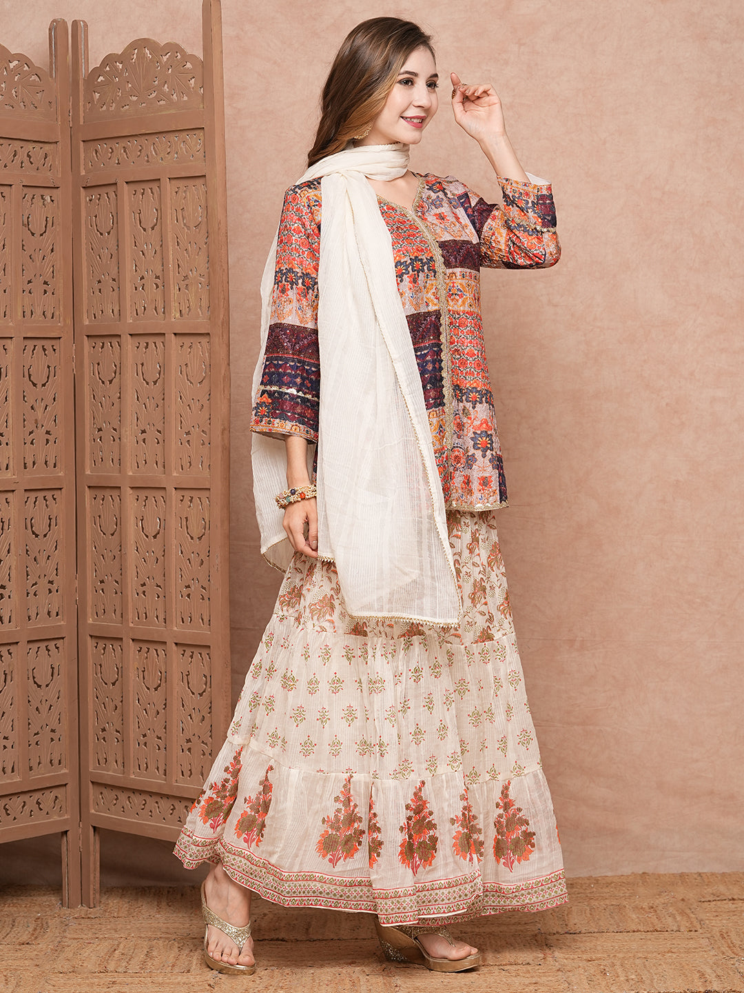 Multi Printed Sequins & Resham Embroidered kurti with Sharara & Dupatta - Multi