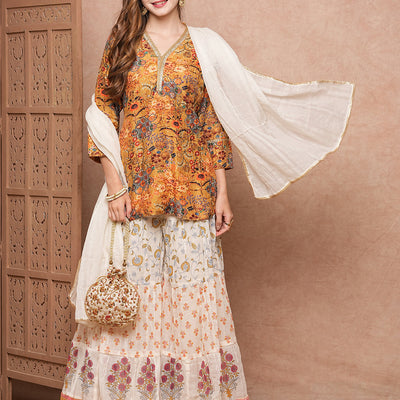Floral Printed Sequins & Resham Embroidered kurti with Sharara & Dupatta - Mustard
