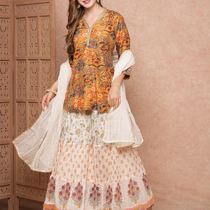 Floral Printed Sequins & Resham Embroidered kurti with Sharara & Dupatta - Mustard