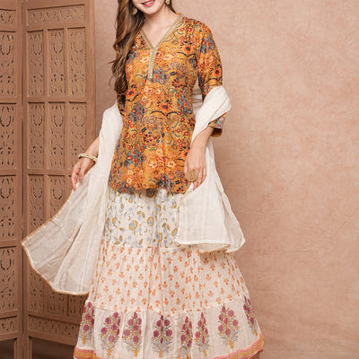 Floral Printed Sequins & Resham Embroidered kurti with Sharara & Dupatta - Mustard