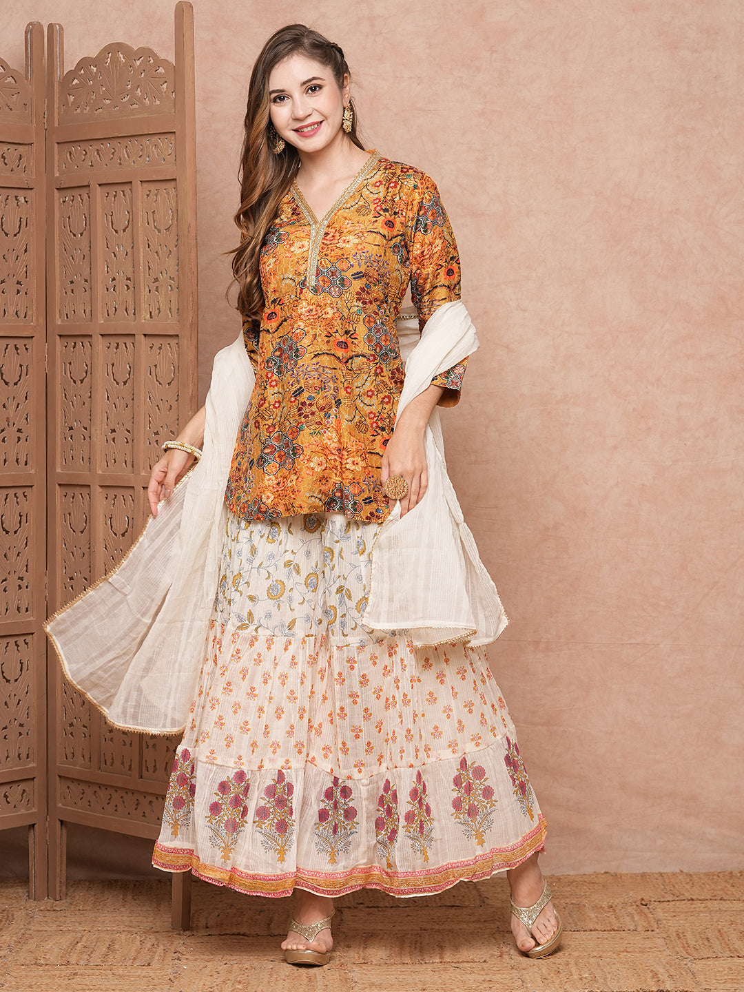 Floral Printed Sequins & Resham Embroidered kurti with Sharara & Dupatta - Mustard