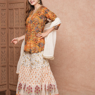 Floral Printed Sequins & Resham Embroidered kurti with Sharara & Dupatta - Mustard