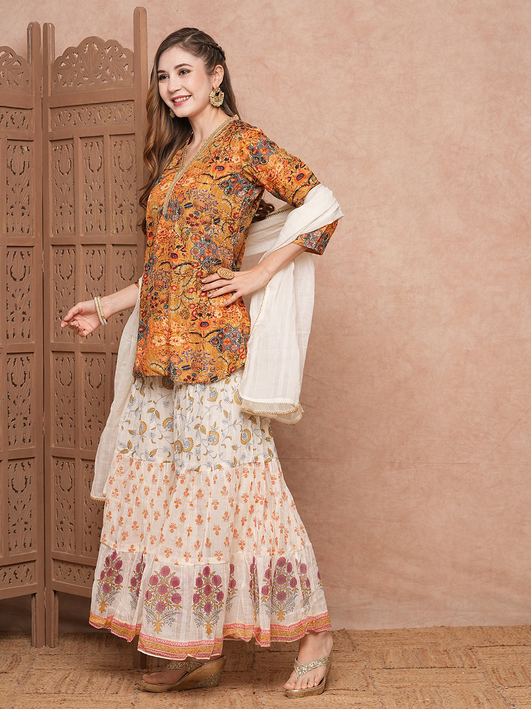 Floral Printed Sequins & Resham Embroidered kurti with Sharara & Dupatta - Mustard