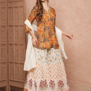 Floral Printed Sequins & Resham Embroidered kurti with Sharara & Dupatta - Mustard