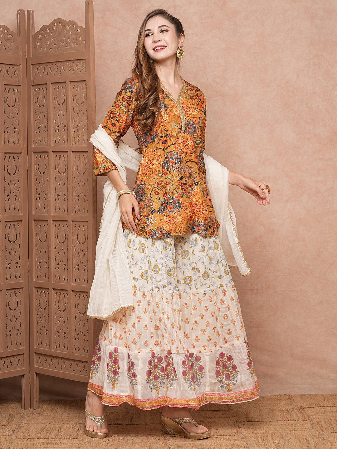 Floral Printed Sequins & Resham Embroidered kurti with Sharara & Dupatta - Mustard