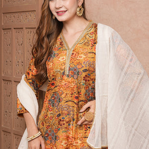 Floral Printed Sequins & Resham Embroidered kurti with Sharara & Dupatta - Mustard