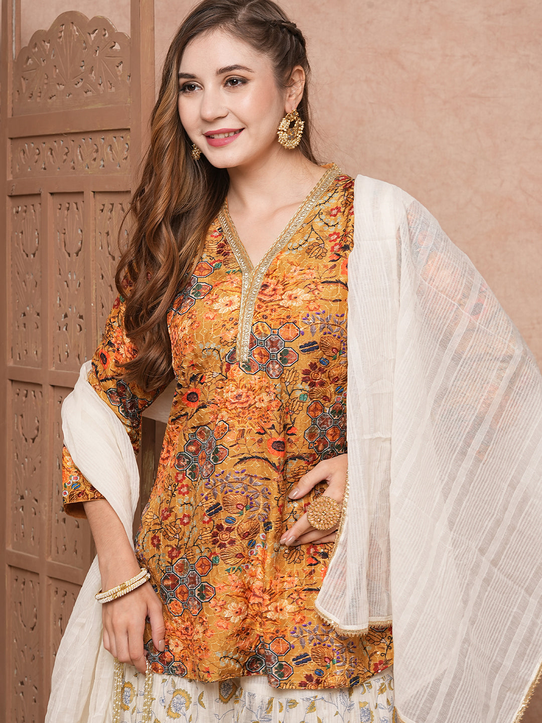 Floral Printed Sequins & Resham Embroidered kurti with Sharara & Dupatta - Mustard
