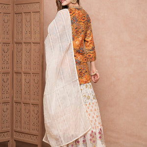 Floral Printed Sequins & Resham Embroidered kurti with Sharara & Dupatta - Mustard