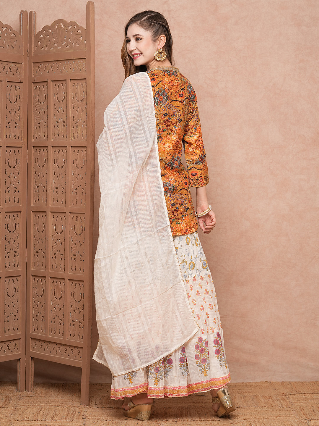 Floral Printed Sequins & Resham Embroidered kurti with Sharara & Dupatta - Mustard