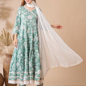 Floral Printed Stones & Pearl Embroidered Anarkali Kurta with Pants & Dupatta - Green