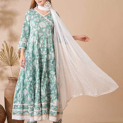 Floral Printed Stones & Pearl Embroidered Anarkali Kurta with Pants & Dupatta - Green
