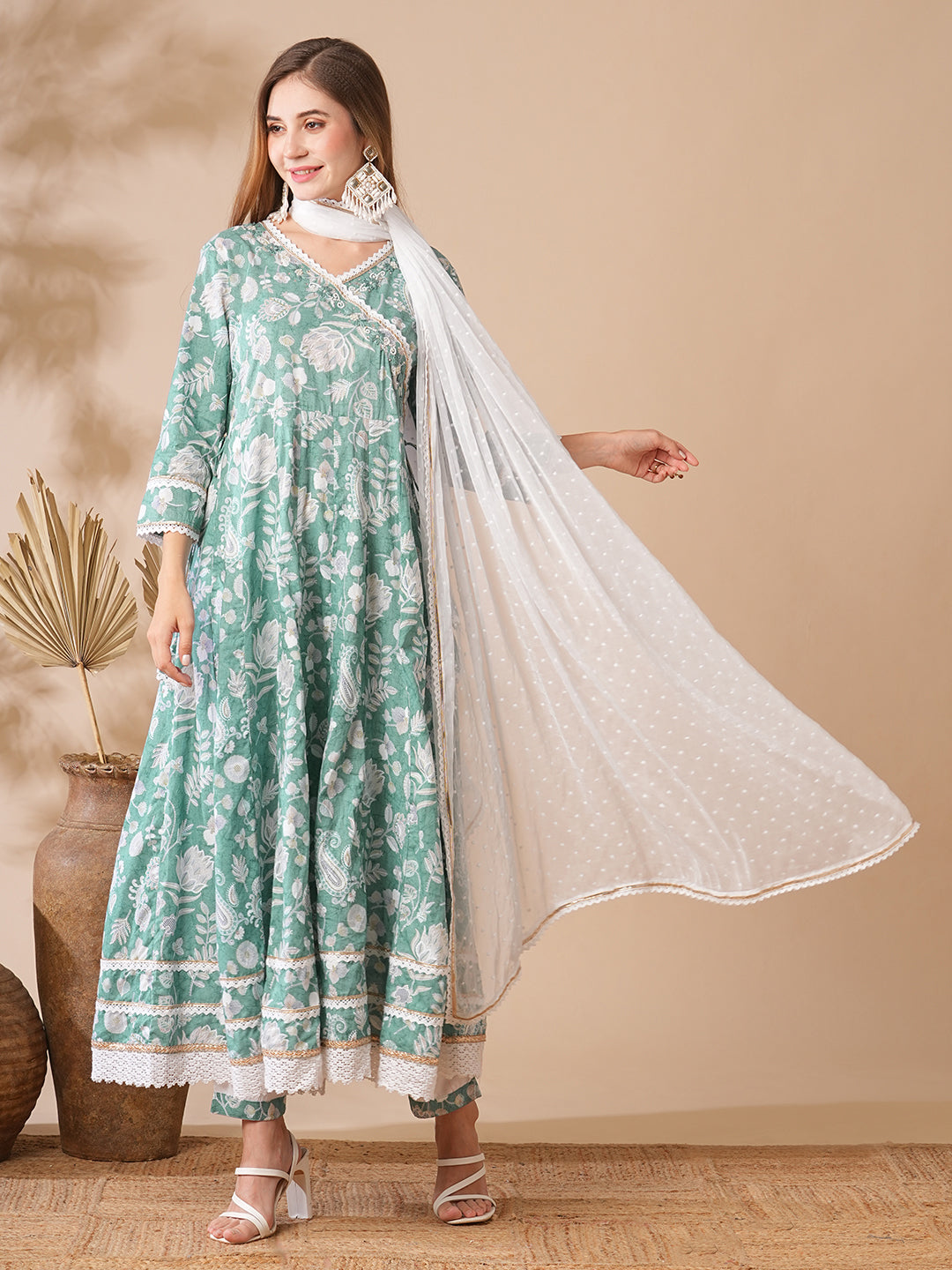 Floral Printed Stones & Pearl Embroidered Anarkali Kurta with Pants & Dupatta - Green