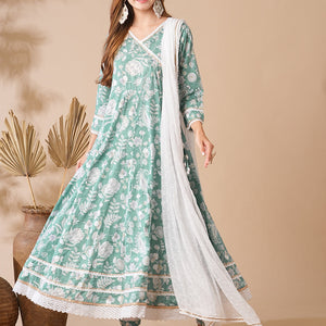 Floral Printed Stones & Pearl Embroidered Anarkali Kurta with Pants & Dupatta - Green