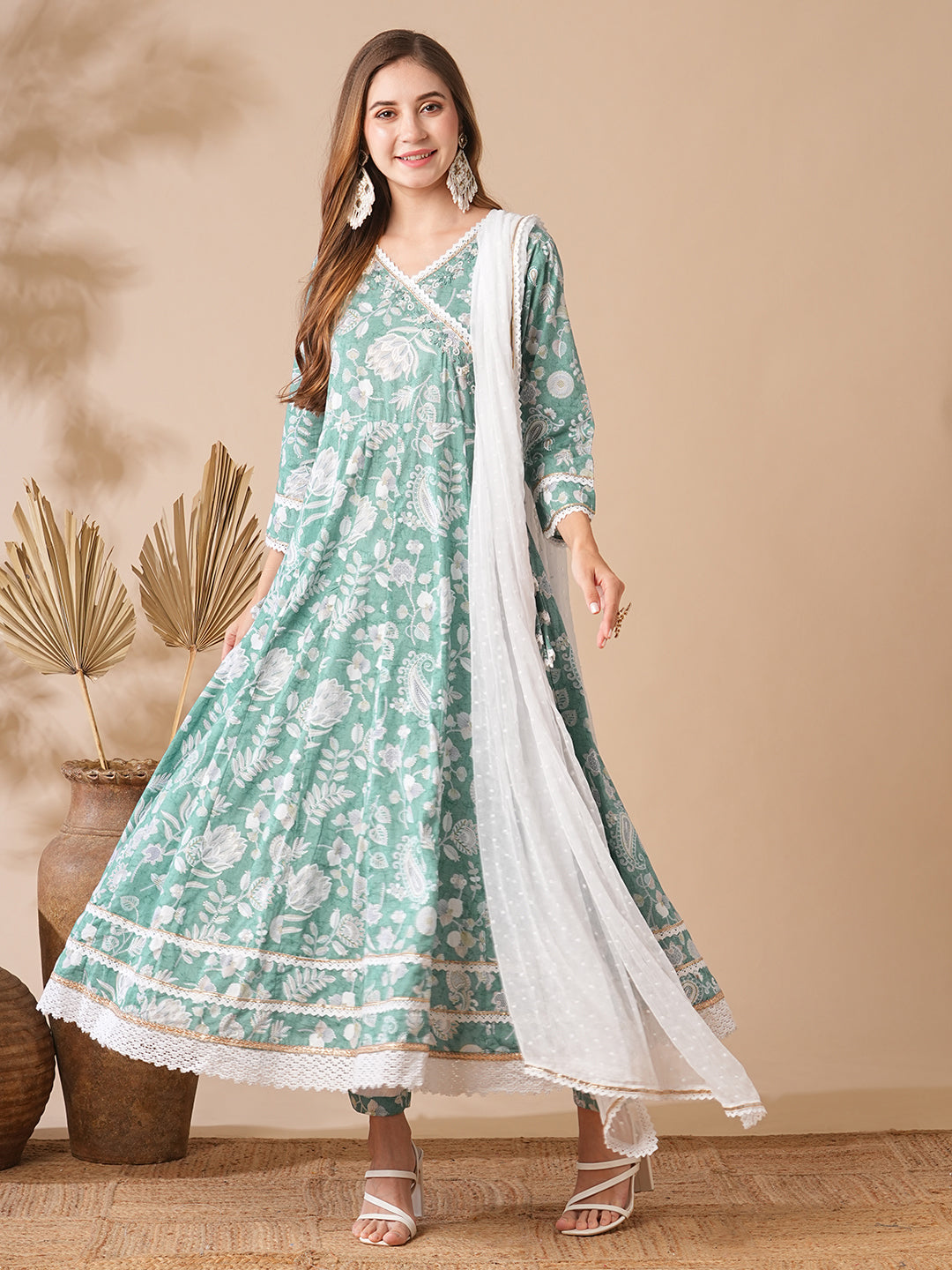 Floral Printed Stones & Pearl Embroidered Anarkali Kurta with Pants & Dupatta - Green