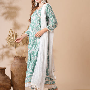 Floral Printed Stones & Pearl Embroidered Anarkali Kurta with Pants & Dupatta - Green
