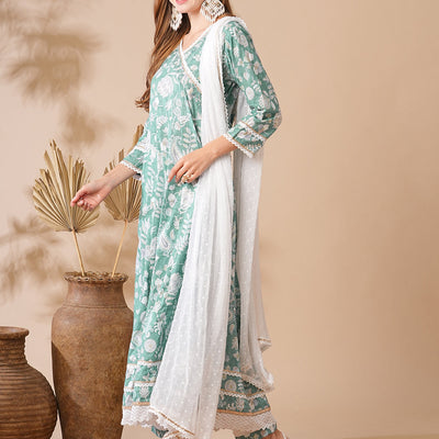 Floral Printed Stones & Pearl Embroidered Anarkali Kurta with Pants & Dupatta - Green