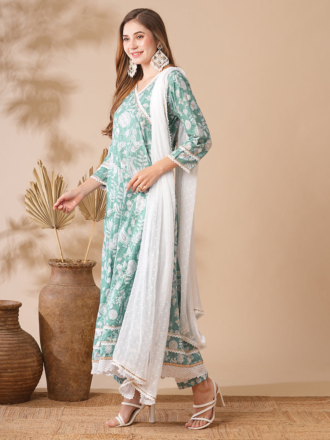 Floral Printed Stones & Pearl Embroidered Anarkali Kurta with Pants & Dupatta - Green