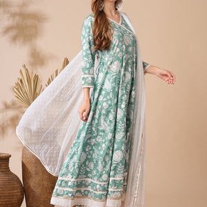 Floral Printed Stones & Pearl Embroidered Anarkali Kurta with Pants & Dupatta - Green