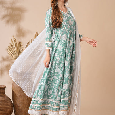 Floral Printed Stones & Pearl Embroidered Anarkali Kurta with Pants & Dupatta - Green