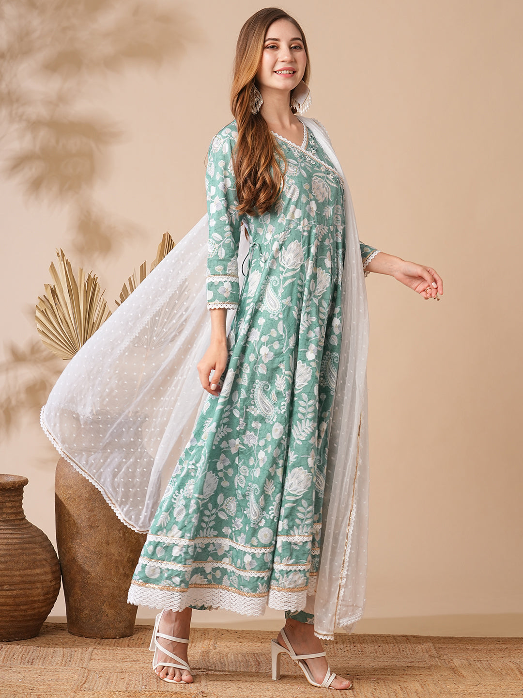 Floral Printed Stones & Pearl Embroidered Anarkali Kurta with Pants & Dupatta - Green
