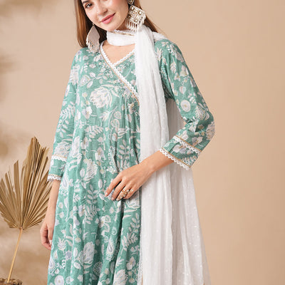 Floral Printed Stones & Pearl Embroidered Anarkali Kurta with Pants & Dupatta - Green