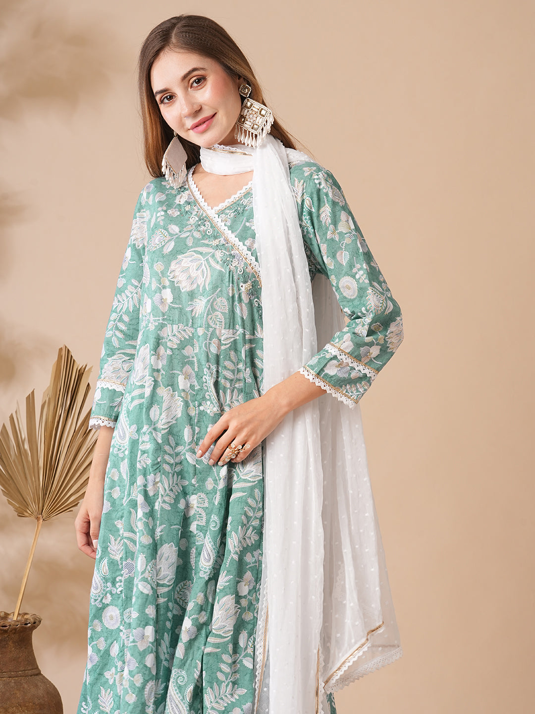 Floral Printed Stones & Pearl Embroidered Anarkali Kurta with Pants & Dupatta - Green
