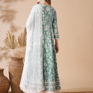 Floral Printed Stones & Pearl Embroidered Anarkali Kurta with Pants & Dupatta - Green