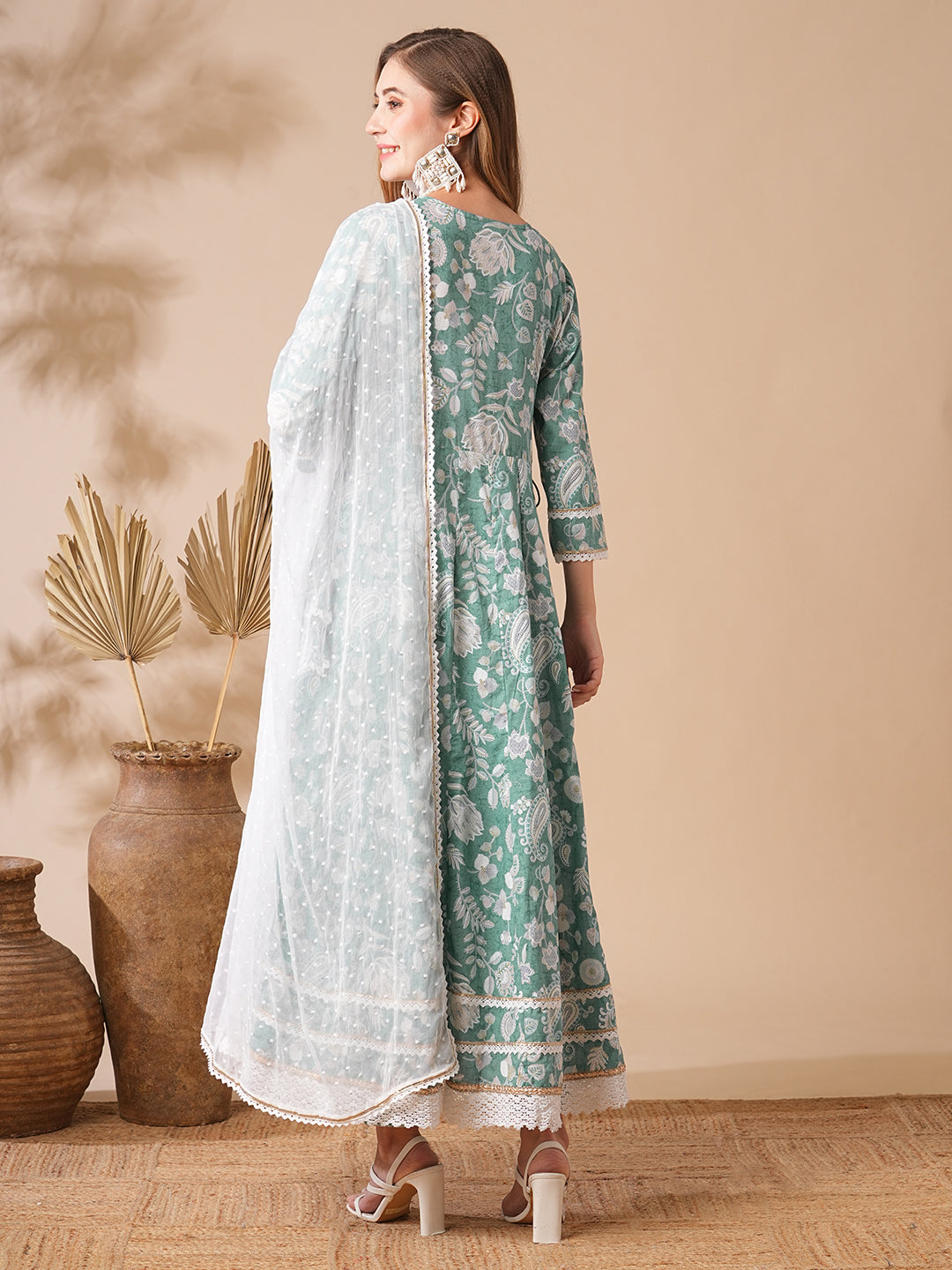 Floral Printed Stones & Pearl Embroidered Anarkali Kurta with Pants & Dupatta - Green