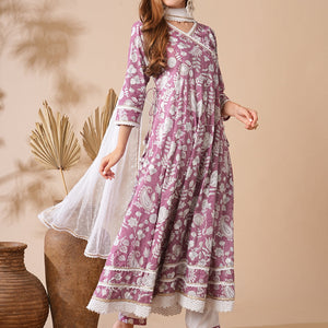 Floral Printed Stones & Pearl Embroidered Anarkali Kurta with Pants & Dupatta - Mauve