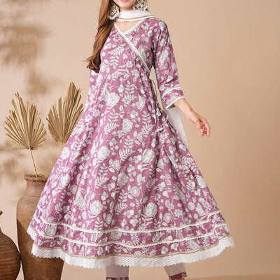 Floral Printed Stones & Pearl Embroidered Anarkali Kurta with Pants & Dupatta - Mauve