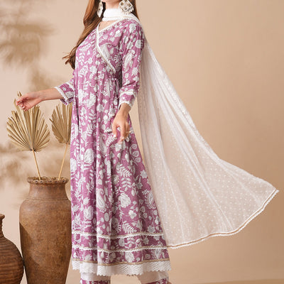 Floral Printed Stones & Pearl Embroidered Anarkali Kurta with Pants & Dupatta - Mauve