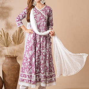 Floral Printed Stones & Pearl Embroidered Anarkali Kurta with Pants & Dupatta - Mauve