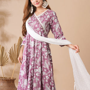 Floral Printed Stones & Pearl Embroidered Anarkali Kurta with Pants & Dupatta - Mauve