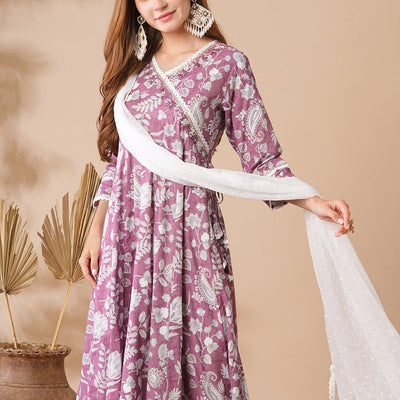 Floral Printed Stones & Pearl Embroidered Anarkali Kurta with Pants & Dupatta - Mauve